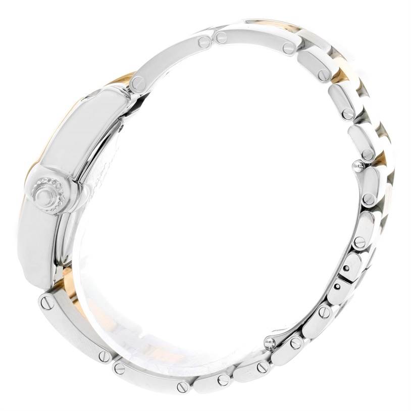 This image shows the side profile of the Cartier Roadster W62026Y4 Women's Steel and Gold (two tone) Silver Dial W62026Y4 Women's Steel and Gold (two tone) Silver Dial model watch, highlighting the crown and bracelet.