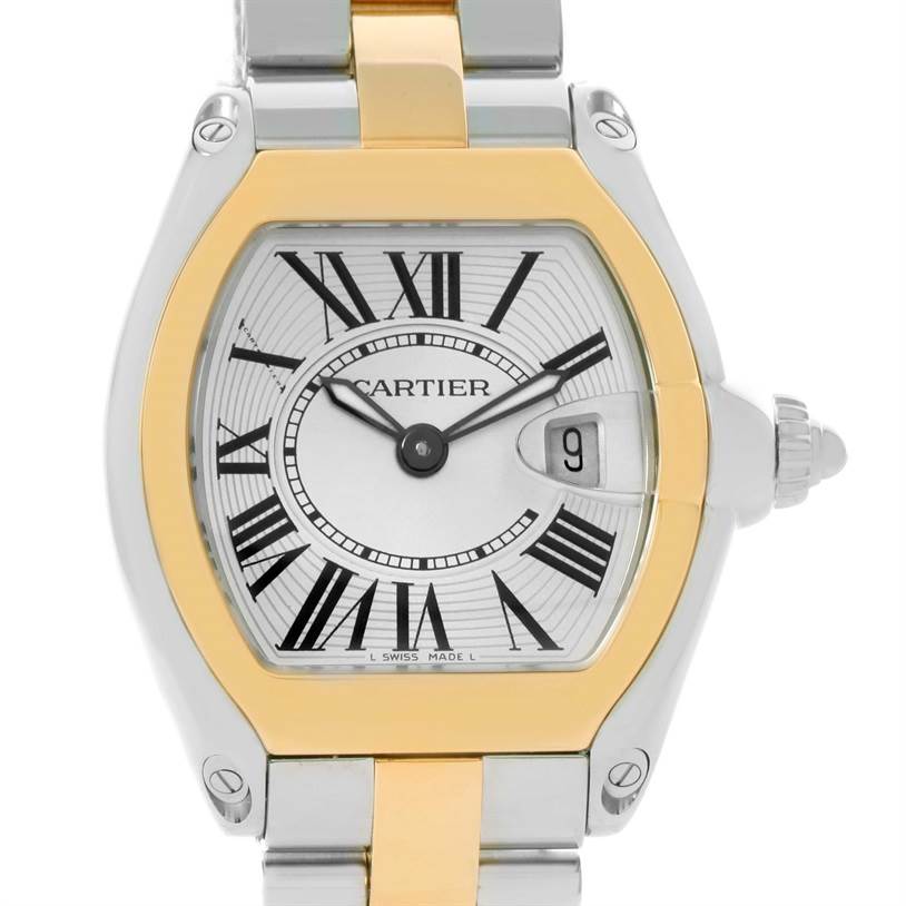 This image shows a front view of a Cartier Roadster W62026Y4 Women's Steel and Gold (two tone) Silver Dial W62026Y4 Women's Steel and Gold (two tone) Silver Dial watch, highlighting the face, bezel, and part of the bracelet.
