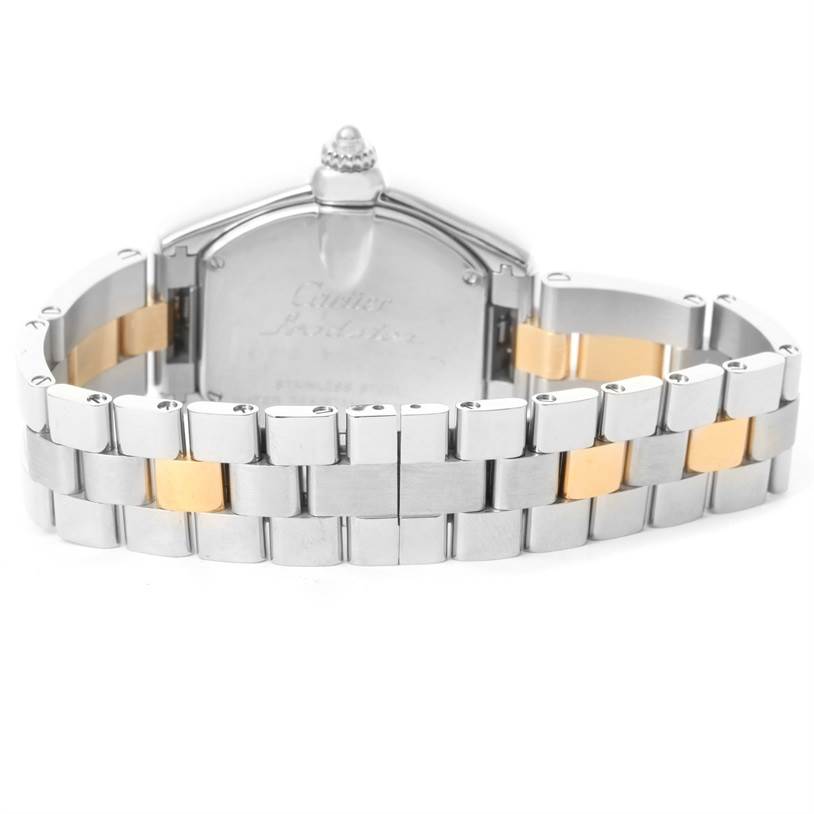 The image shows the back view of a Cartier Roadster W62026Y4 Women's Steel and Gold (two tone) Silver Dial W62026Y4 Women's Steel and Gold (two tone) Silver Dial watch, highlighting its stainless steel and gold bracelet.