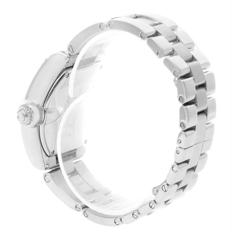 This image shows the side view of a Cartier Roadster W62016V3 Women's Stainless Steel Silver Dial W62016V3 Women's Stainless Steel Silver Dial watch, highlighting the crown and the metal bracelet.