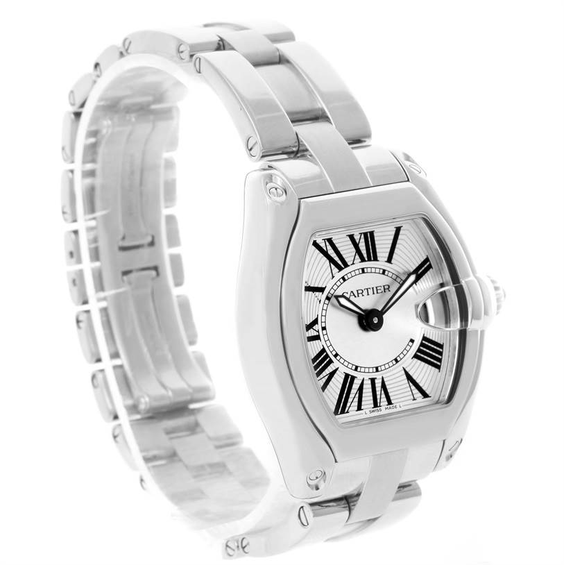 The image shows a Cartier Roadster W62016V3 Women's Stainless Steel Silver Dial W62016V3 Women's Stainless Steel Silver Dial watch at a front-left three-quarter angle, highlighting the face, Roman numerals, and the bracelet.