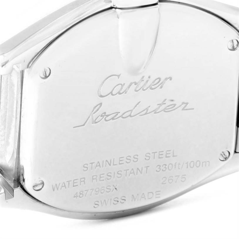The image shows the stainless steel back case of a Cartier Roadster W62016V3 Women's Stainless Steel Silver Dial W62016V3 Women's Stainless Steel Silver Dial watch, displaying model details and water resistance information.