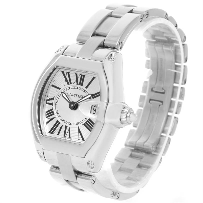 The image shows a Cartier Roadster W62016V3 Women's Stainless Steel Silver Dial W62016V3 Women's Stainless Steel Silver Dial watch at a three-quarter angle, highlighting its face, bezel, and bracelet.