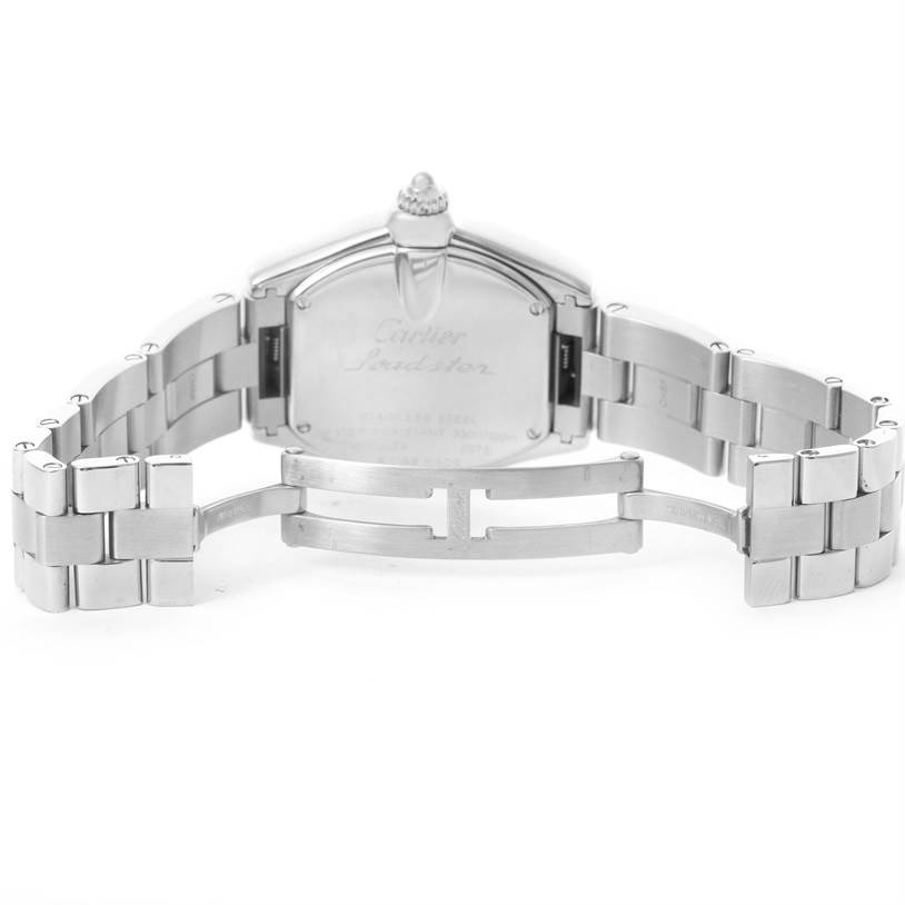 This image shows the back of a Cartier Roadster W62016V3 Women's Stainless Steel Silver Dial W62016V3 Women's Stainless Steel Silver Dial watch, highlighting the stainless steel case and bracelet clasp.