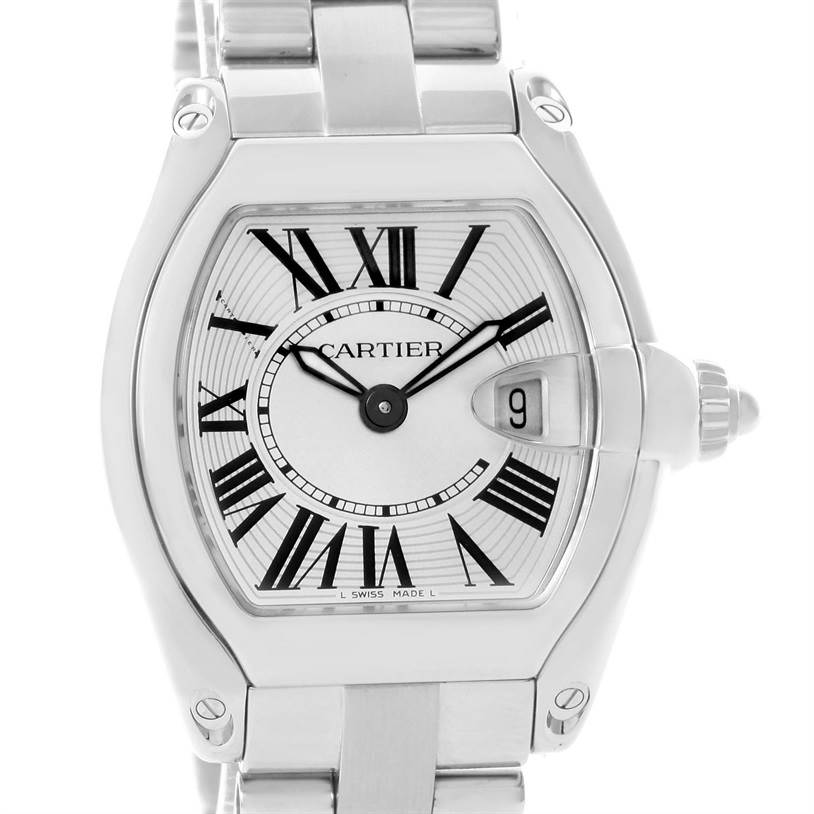 This image shows a frontal view of a Cartier Roadster W62016V3 Women's Stainless Steel Silver Dial W62016V3 Women's Stainless Steel Silver Dial watch, displaying the face, bezel, and part of the bracelet.