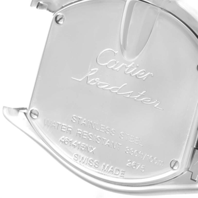 This image shows the backplate of a Cartier Roadster W62026Y4 Men's Steel and Gold (two tone) Silver Dial W62026Y4 Men's Steel and Gold (two tone) Silver Dial watch, highlighting its engraving and specifications.