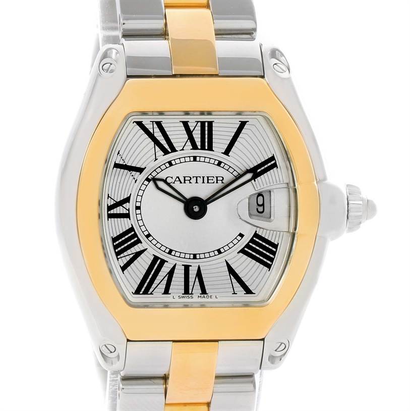 The image shows a Cartier Roadster W62026Y4 Men's Steel and Gold (two tone) Silver Dial W62026Y4 Men's Steel and Gold (two tone) Silver Dial watch from a front angle, highlighting the dial, bezel, and part of the bracelet.
