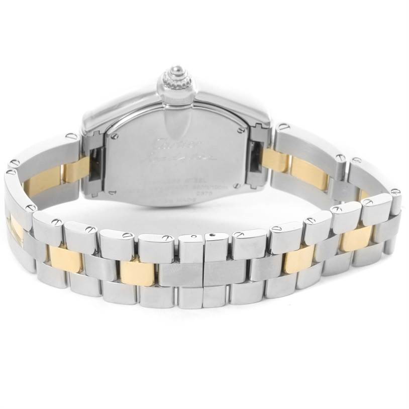 The image shows the back view of a Cartier Roadster W62026Y4 Men's Steel and Gold (two tone) Silver Dial W62026Y4 Men's Steel and Gold (two tone) Silver Dial watch, focusing on its bracelet and case back.