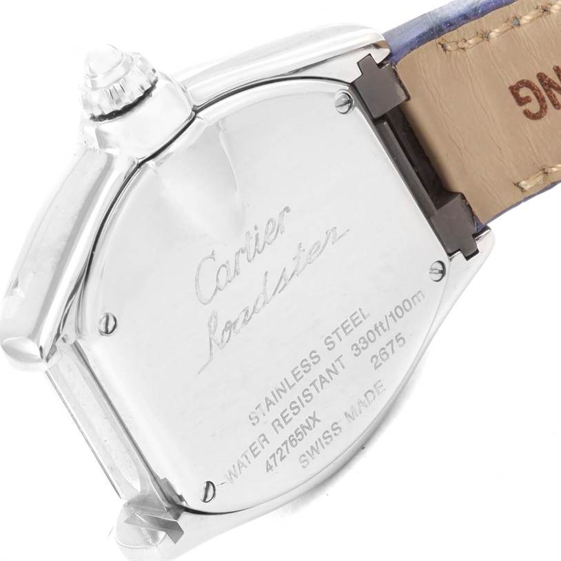 This image shows the back case and crown of the Cartier Roadster W6206007 Stainless Steel Mother of Pearl Dial W6206007 Stainless Steel Mother of Pearl Dial watch.