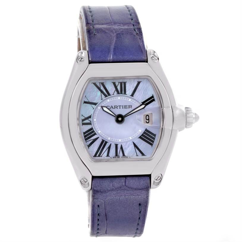 The image shows a Cartier Roadster W6206007 Stainless Steel Mother of Pearl Dial W6206007 Stainless Steel Mother of Pearl Dial watch from a front-facing angle, highlighting its dial, case, and strap.