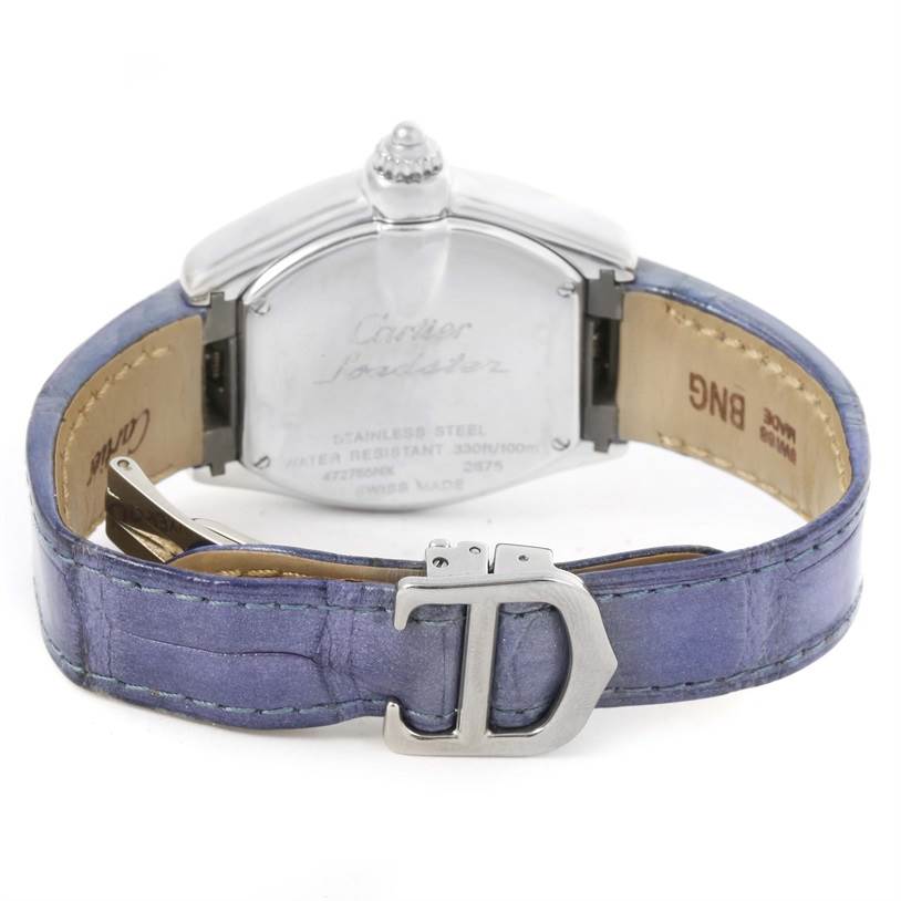 The image shows the back view of a Cartier Roadster W6206007 Stainless Steel Mother of Pearl Dial W6206007 Stainless Steel Mother of Pearl Dial watch, highlighting the case back, crown, and leather strap with a deployment clasp.