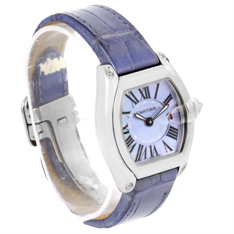 This image shows a Cartier Roadster W6206007 Stainless Steel Mother of Pearl Dial W6206007 Stainless Steel Mother of Pearl Dial watch at a three-quarter angle, highlighting the face, bezel, and blue leather strap.
