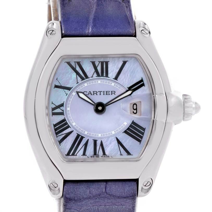 The image shows a frontal view of a Cartier Roadster W6206007 Stainless Steel Mother of Pearl Dial W6206007 Stainless Steel Mother of Pearl Dial watch, displaying its face, dial, hands, and part of the strap.