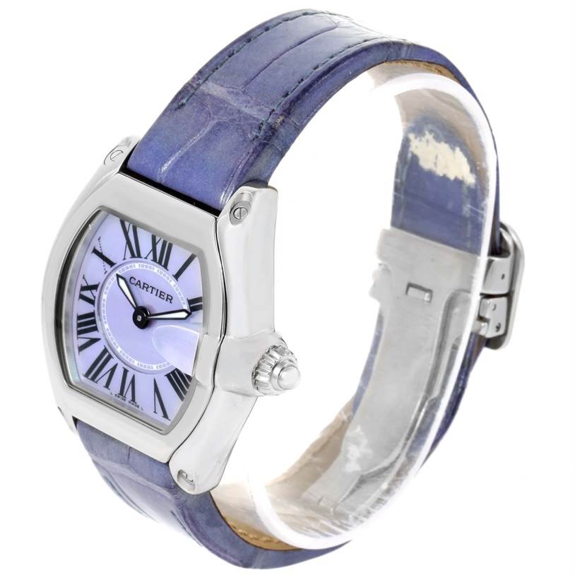 The Cartier Roadster W6206007 Stainless Steel Mother of Pearl Dial W6206007 Stainless Steel Mother of Pearl Dial watch is shown at a side angle, highlighting its case, dial, crown, and strap.