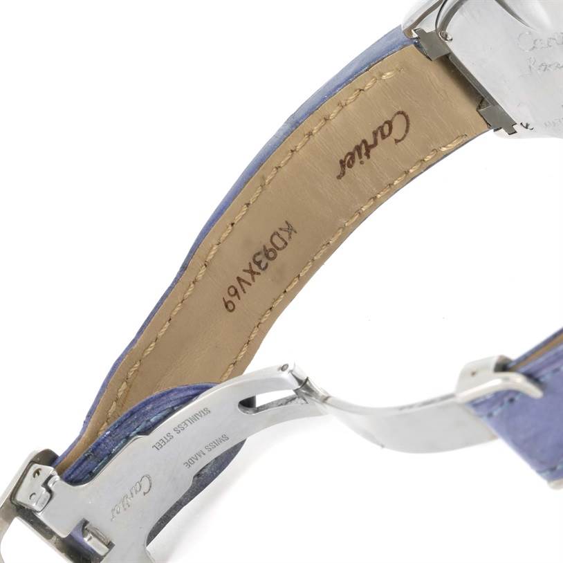 This close-up image of a Cartier Roadster W6206007 Stainless Steel Mother of Pearl Dial W6206007 Stainless Steel Mother of Pearl Dial watch shows the underside of the leather strap and steel clasp.