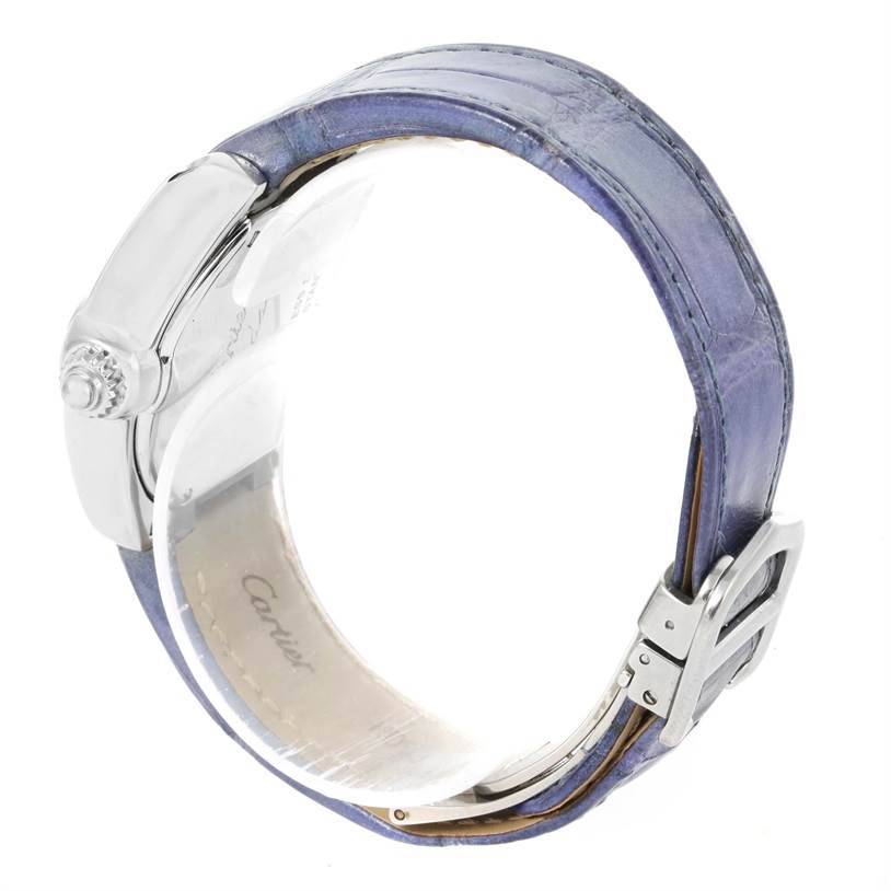 The image shows a side view of a Cartier Roadster W6206007 Stainless Steel Mother of Pearl Dial W6206007 Stainless Steel Mother of Pearl Dial model watch, highlighting its blue leather strap and buckle.