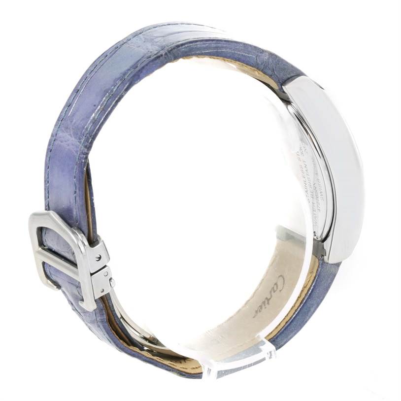 This image shows the side angle of a Cartier Roadster W6206007 Stainless Steel Mother of Pearl Dial W6206007 Stainless Steel Mother of Pearl Dial watch, focusing on its blue leather strap and polished clasp.