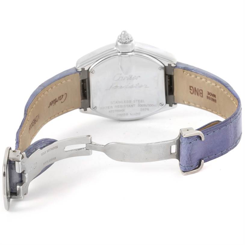 The image shows the back view of a Cartier Roadster W6206007 Stainless Steel Mother of Pearl Dial W6206007 Stainless Steel Mother of Pearl Dial watch with its strap open and clasp visible.