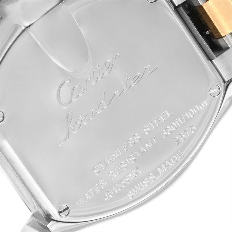 The image shows the back case of a Cartier Roadster W62026Y4 Women's Steel and Gold (two tone) Silver Dial W62026Y4 Women's Steel and Gold (two tone) Silver Dial watch, highlighting inscriptions such as the model name and material details.