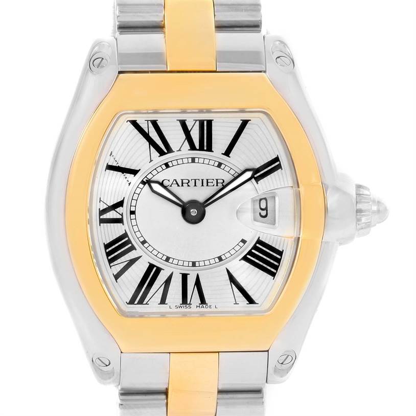 The image shows a front view of the Cartier Roadster W62026Y4 Women's Steel and Gold (two tone) Silver Dial W62026Y4 Women's Steel and Gold (two tone) Silver Dial watch, displaying its dial, bezel, and bracelet.