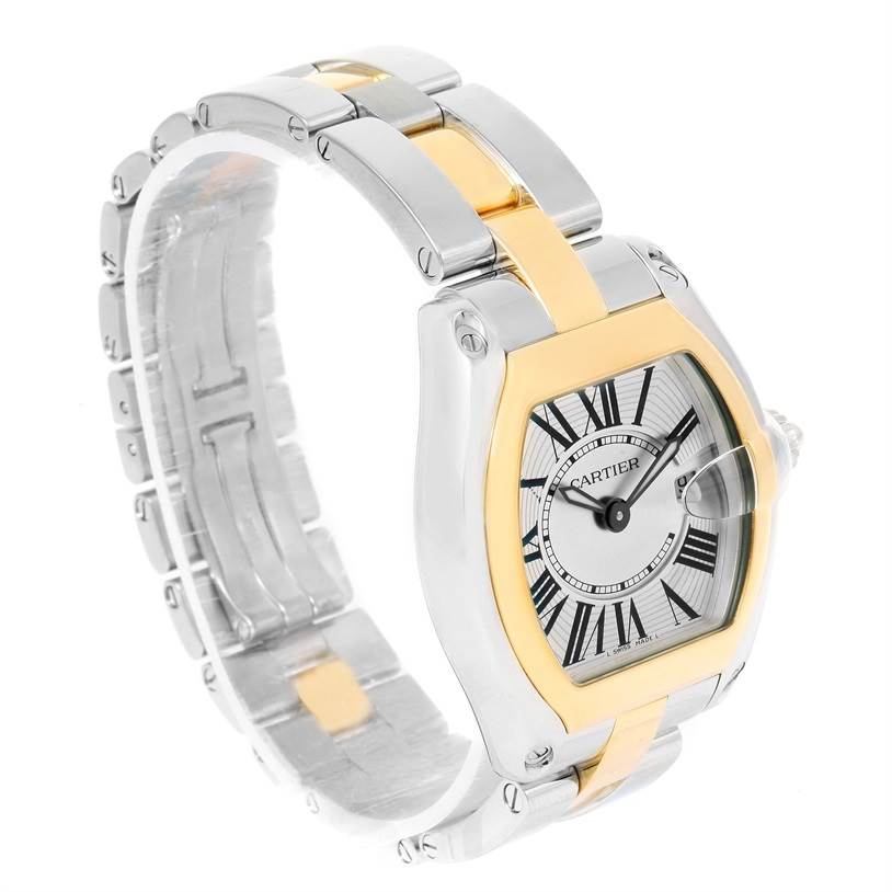 The image shows a side view of the Cartier Roadster W62026Y4 Women's Steel and Gold (two tone) Silver Dial W62026Y4 Women's Steel and Gold (two tone) Silver Dial watch, highlighting its two-tone metal bracelet and dial.