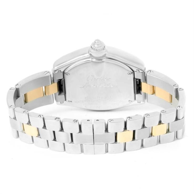 The image shows the back view of a Cartier Roadster W62026Y4 Women's Steel and Gold (two tone) Silver Dial W62026Y4 Women's Steel and Gold (two tone) Silver Dial watch, highlighting its stainless steel and gold link bracelet.