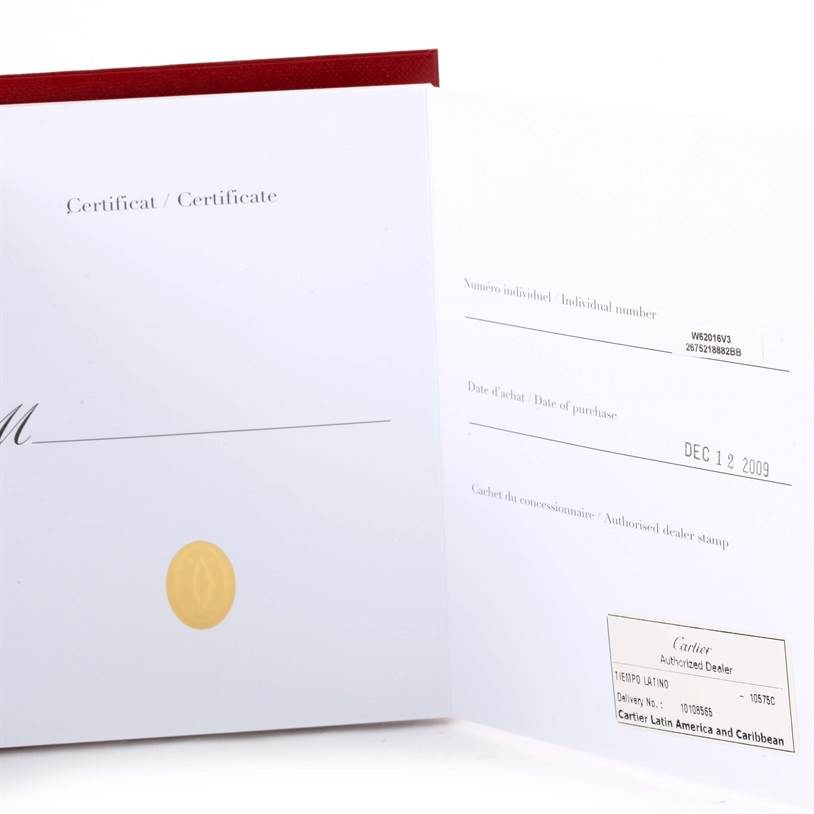 This image shows the certificate and warranty booklet for the Cartier Roadster W62016V3 Women
s Stainless Steel Silver Dial W62016V3 Women
s Stainless Steel Silver Dial model watch.