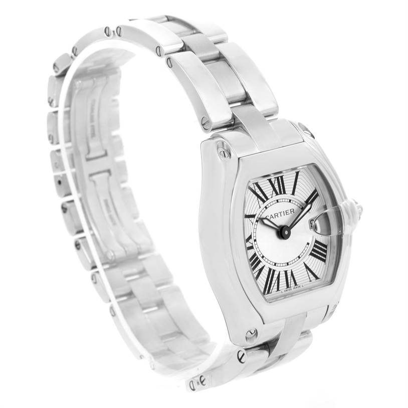 The image shows the Cartier Roadster W62016V3 Women
s Stainless Steel Silver Dial W62016V3 Women
s Stainless Steel Silver Dial watch at a three-quarter angle, highlighting its face, bezel, and bracelet.