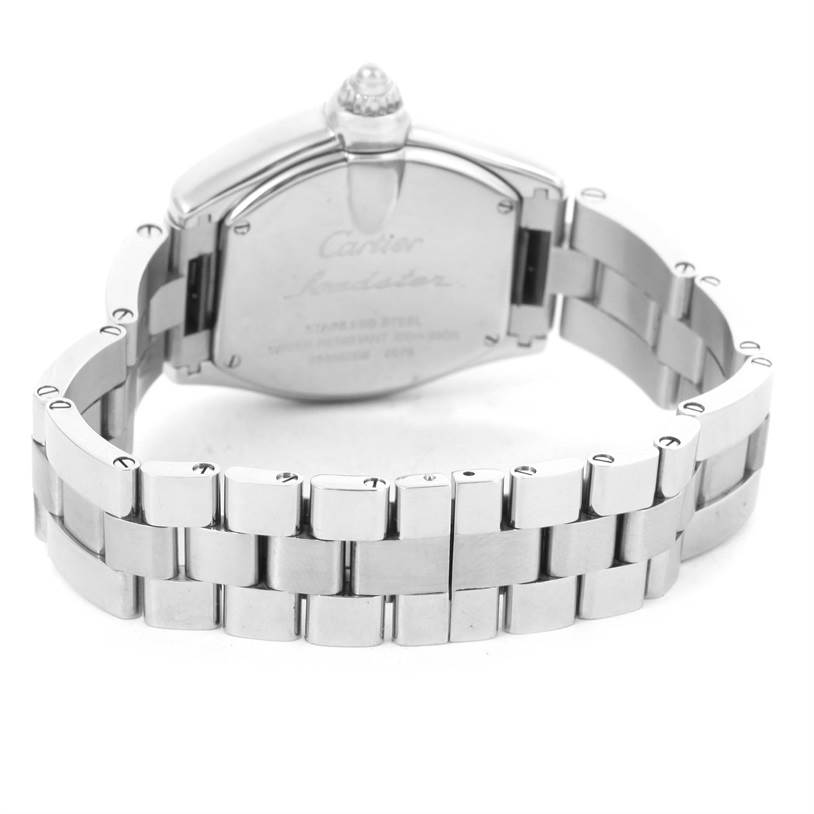 The image shows the back and bracelet of a Cartier Roadster W62016V3 Women
s Stainless Steel Silver Dial W62016V3 Women
s Stainless Steel Silver Dial watch at a slight top-down angle.
