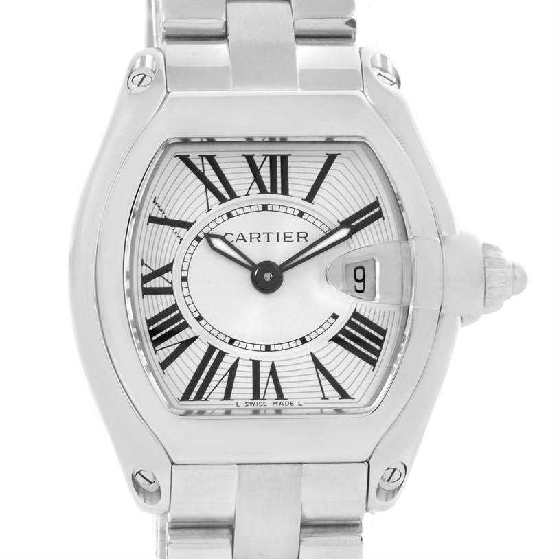 This image shows the face and part of the bracelet of a Cartier Roadster W62016V3 Women
s Stainless Steel Silver Dial W62016V3 Women
s Stainless Steel Silver Dial watch, viewed from the front.