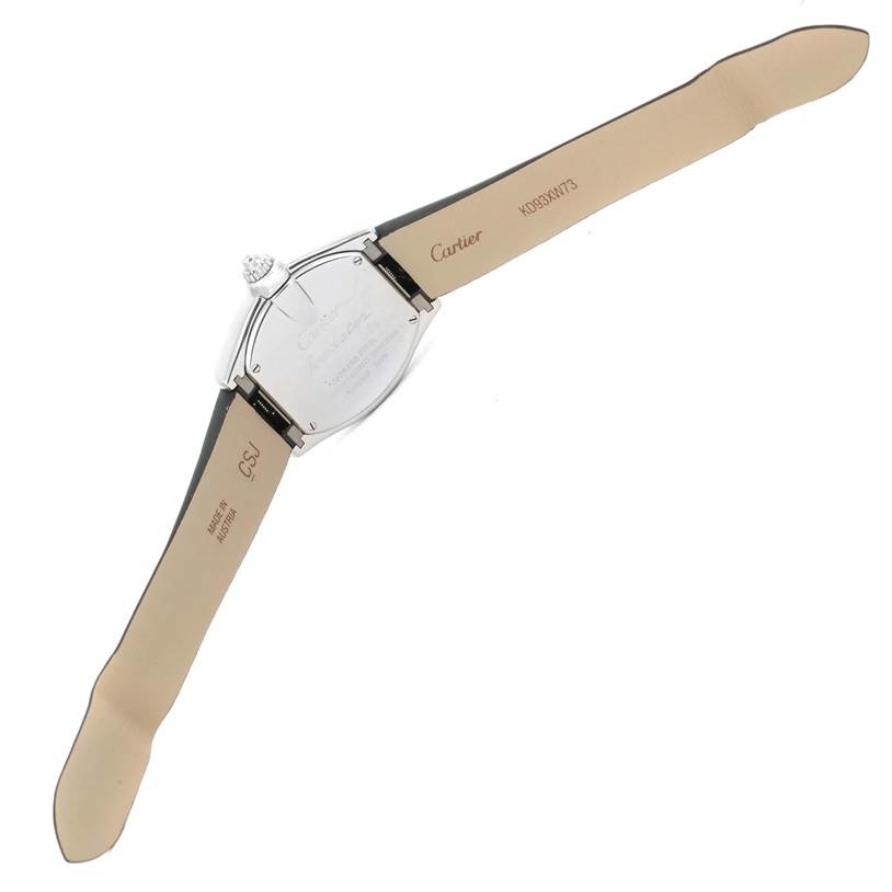 The image shows the back view of a Cartier Roadster W62016V3 Women
s Stainless Steel Silver Dial W62016V3 Women
s Stainless Steel Silver Dial watch, highlighting the case back and the extended leather straps.