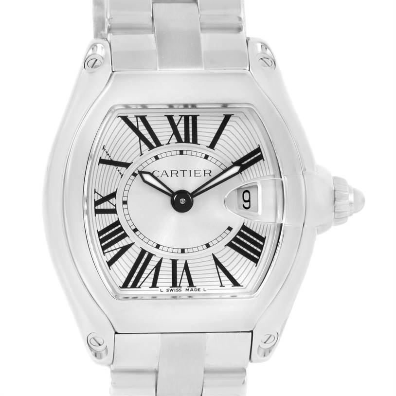This image shows a frontal view of the Cartier Roadster W62016V3 Women
s Stainless Steel Silver Dial W62016V3 Women
s Stainless Steel Silver Dial watch, displaying its dial, hands, date window, case, and part of the bracelet.