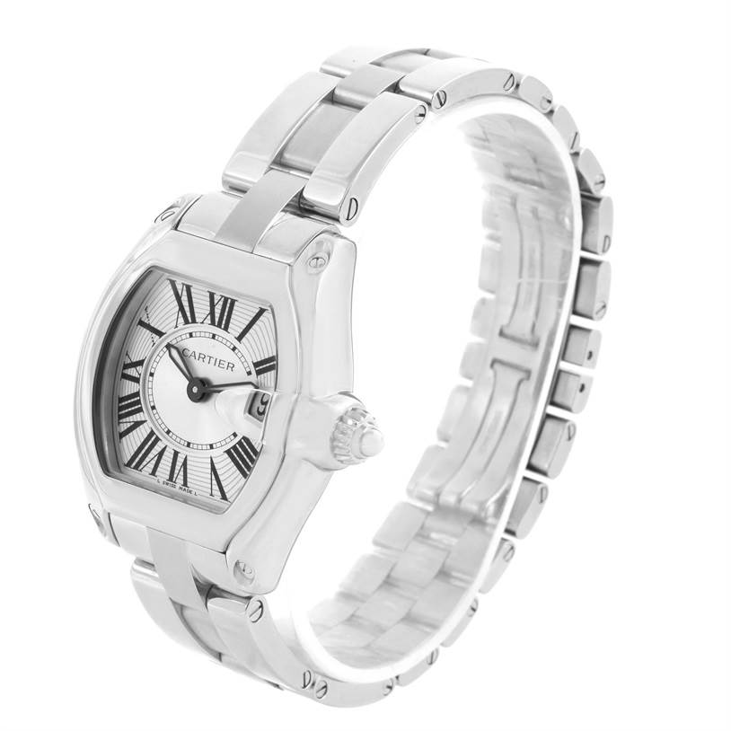 The image shows a Cartier Roadster W62016V3 Women
s Stainless Steel Silver Dial W62016V3 Women
s Stainless Steel Silver Dial watch from an angled view, displaying its dial, crown, and metal bracelet.