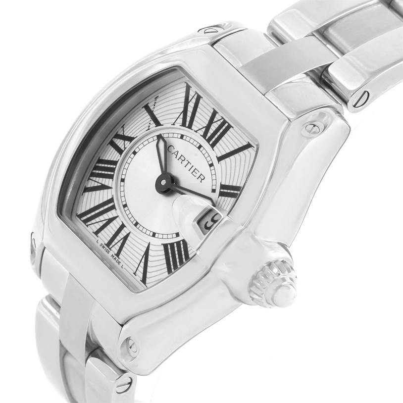 This is a Cartier Roadster W62016V3 Women
s Stainless Steel Silver Dial W62016V3 Women
s Stainless Steel Silver Dial watch shown from an angled top view, displaying its face, crown, and part of the metal bracelet.