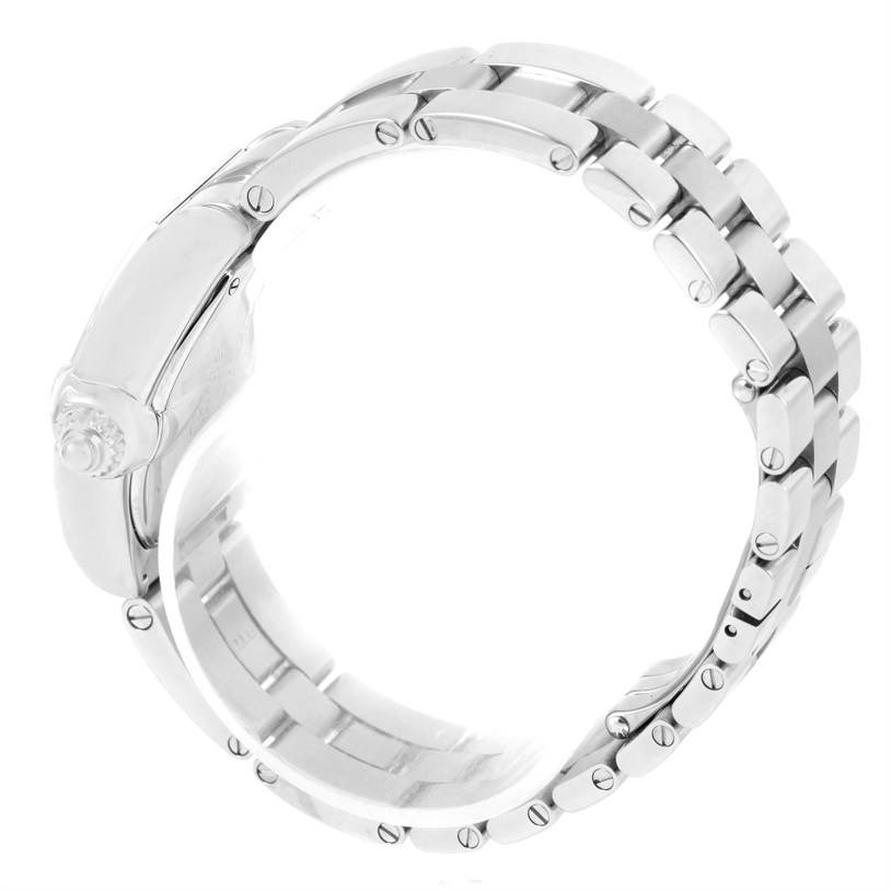 This image shows a side view of the stainless steel bracelet for the Roadster model by Cartier.