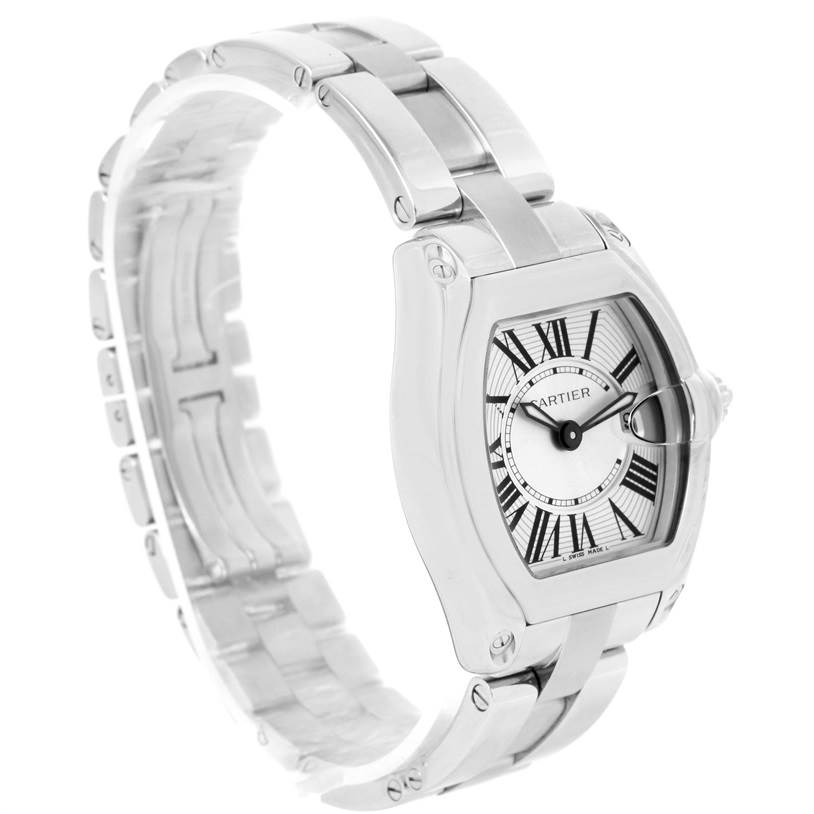 This image of the Cartier Roadster W62016V3 Women
s Stainless Steel Silver Dial W62016V3 Women
s Stainless Steel Silver Dial watch shows the dial, bezel, crown, and bracelet from a three-quarter angle.