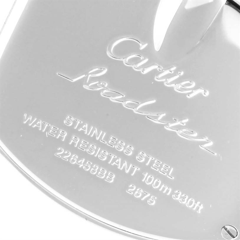 This image shows the engraved back case of a Cartier Roadster W62016V3 Women
s Stainless Steel Silver Dial W62016V3 Women
s Stainless Steel Silver Dial watch.