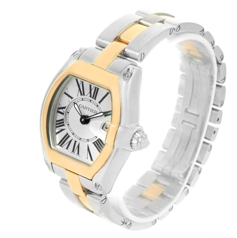 The Cartier Roadster W62026Y4 Women's Steel and Gold (two tone) Silver Dial W62026Y4 Women's Steel and Gold (two tone) Silver Dial watch is shown at a three-quarter angle, displaying the dial, bezel, crown, and part of the bracelet.
