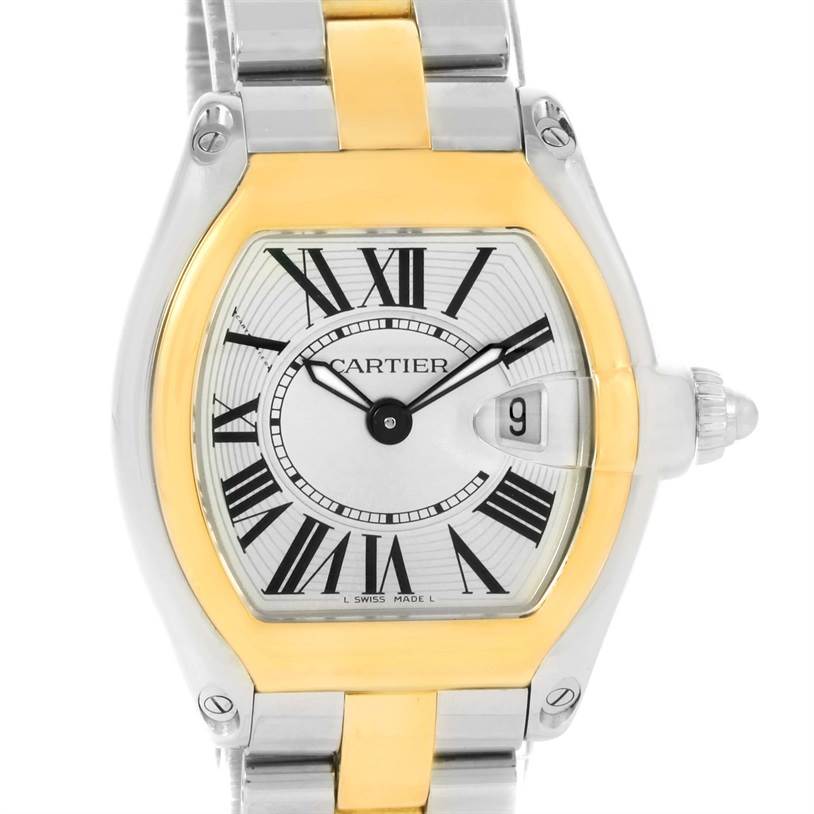 The image shows a close-up of the face and bracelet of a Cartier Roadster W62026Y4 Women's Steel and Gold (two tone) Silver Dial W62026Y4 Women's Steel and Gold (two tone) Silver Dial watch.