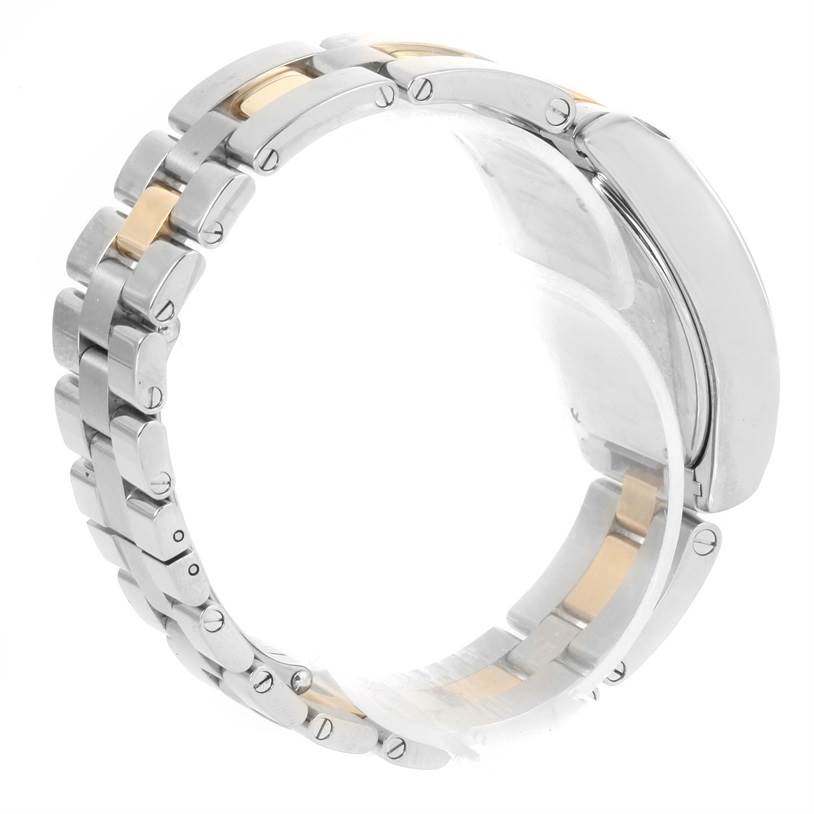 The image shows the bracelet and side profile of the Cartier Roadster W62026Y4 Women's Steel and Gold (two tone) Silver Dial W62026Y4 Women's Steel and Gold (two tone) Silver Dial watch, highlighting its links and clasp.