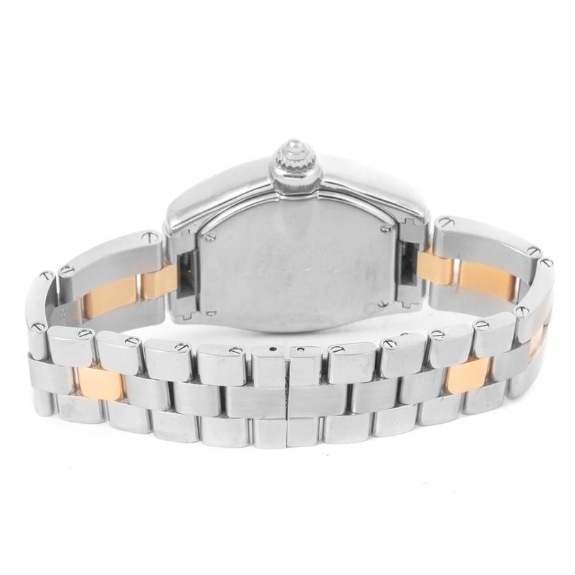 This image shows the back view of the Cartier Roadster W62026Y4 Women's Steel and Gold (two tone) Silver Dial W62026Y4 Women's Steel and Gold (two tone) Silver Dial watch focusing on the bracelet and case back.