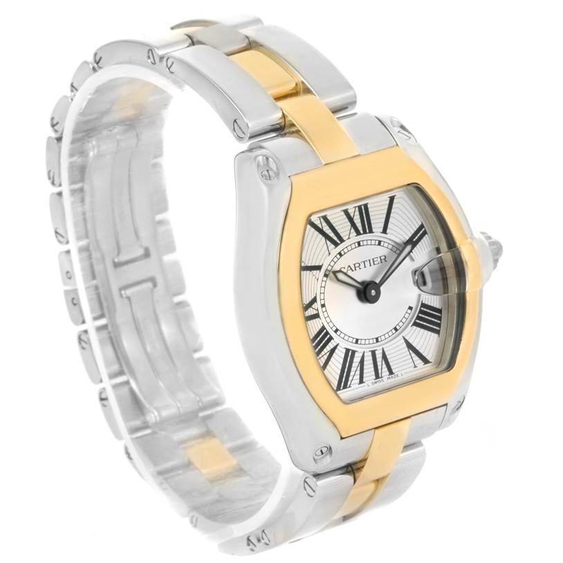 The image shows a Cartier Roadster W62026Y4 Women's Steel and Gold (two tone) Silver Dial W62026Y4 Women's Steel and Gold (two tone) Silver Dial watch at an angle, displaying the face, bezel, and the bracelet.