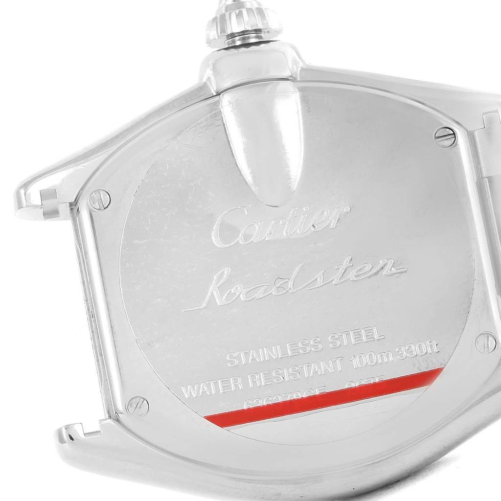 The image shows the back case of a Cartier Roadster W62026Y4 Women's Steel and Gold (two tone) Silver Dial W62026Y4 Women's Steel and Gold (two tone) Silver Dial watch at a slight angle.