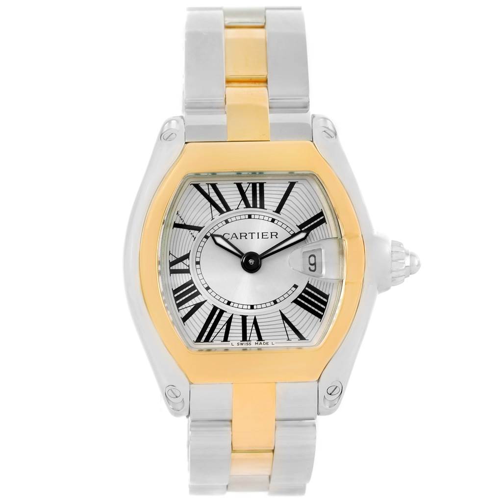The Cartier Roadster W62026Y4 Women's Steel and Gold (two tone) Silver Dial W62026Y4 Women's Steel and Gold (two tone) Silver Dial watch is shown from a frontal angle, highlighting its face, bezel, and part of the bracelet.