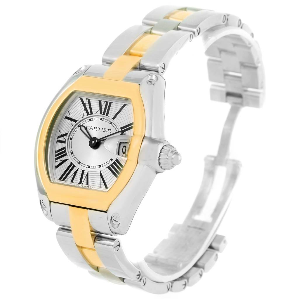 This Cartier Roadster W62026Y4 Women's Steel and Gold (two tone) Silver Dial W62026Y4 Women's Steel and Gold (two tone) Silver Dial watch is shown at a three-quarter angle, displaying its face, crown, and two-tone metal bracelet.