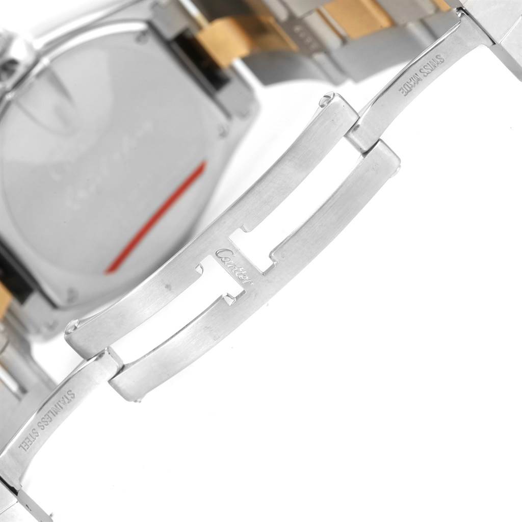 The image shows the back case and stainless steel bracelet clasp of a Cartier Roadster W62026Y4 Women's Steel and Gold (two tone) Silver Dial W62026Y4 Women's Steel and Gold (two tone) Silver Dial watch.