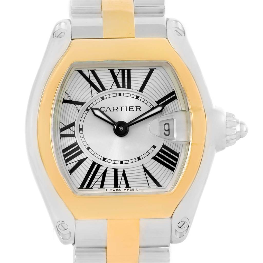 This image shows a frontal view of a Cartier Roadster W62026Y4 Women's Steel and Gold (two tone) Silver Dial W62026Y4 Women's Steel and Gold (two tone) Silver Dial watch, highlighting its face, bezel, crown, and part of the bracelet.