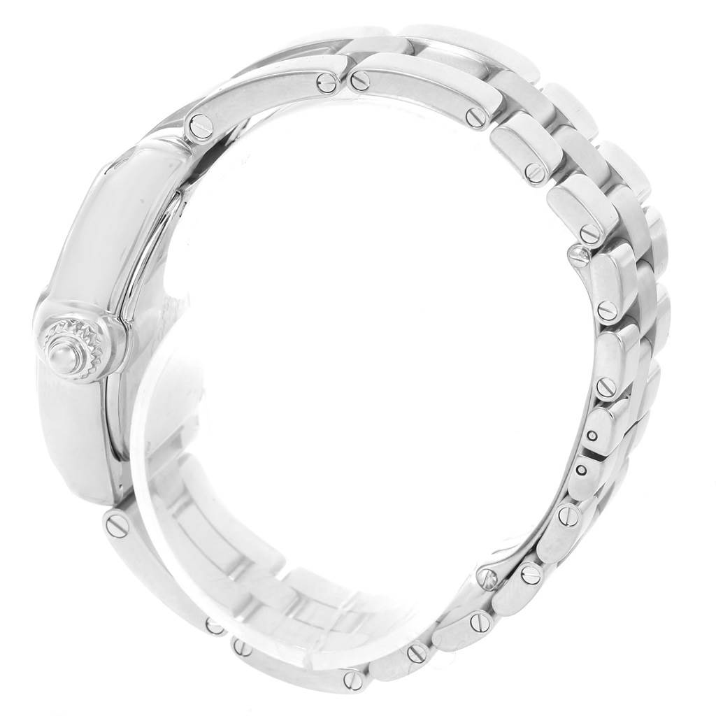 This image shows the side view of the Cartier Roadster W62016V3 Women's Stainless Steel Silver Dial W62016V3 Women's Stainless Steel Silver Dial watch, focusing on the crown and the metal bracelet.