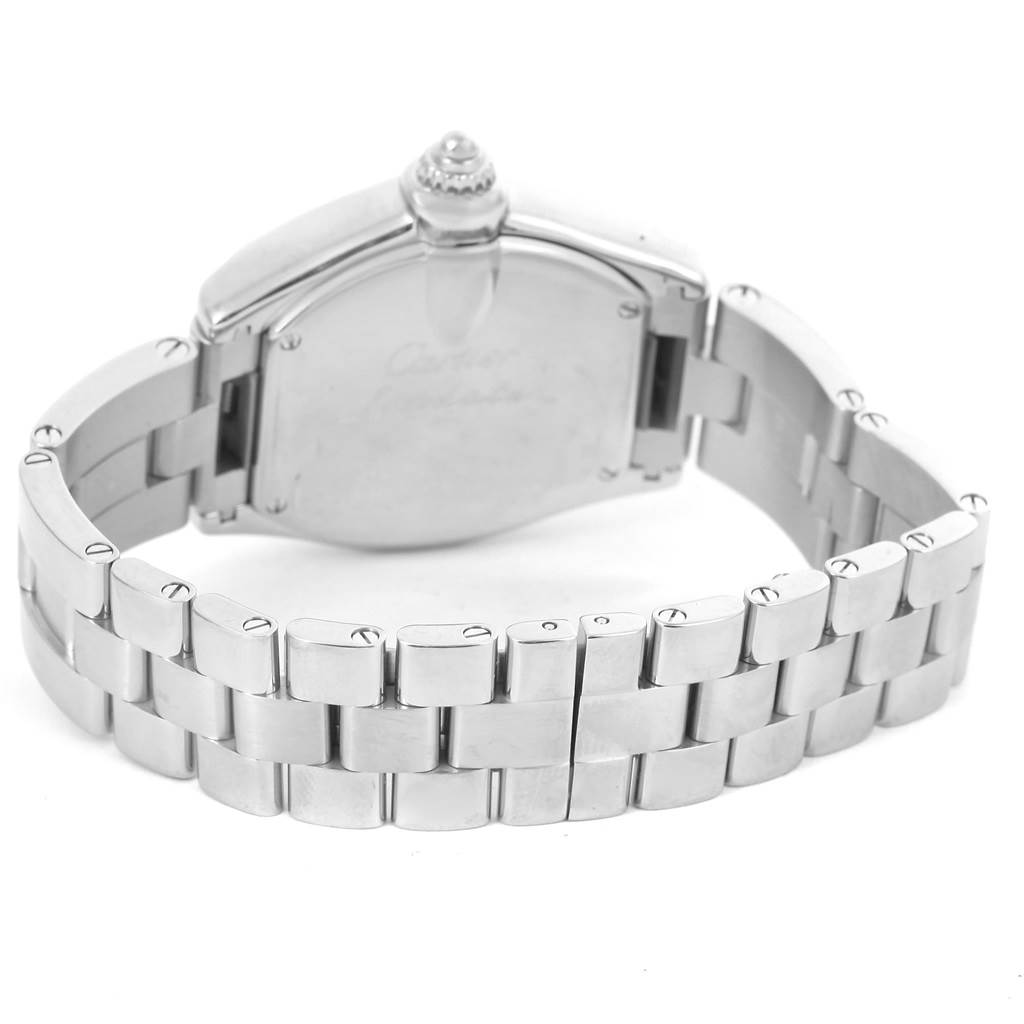 This image shows the back view of the Cartier Roadster W62016V3 Women's Stainless Steel Silver Dial W62016V3 Women's Stainless Steel Silver Dial watch, featuring the clasp and bracelet.