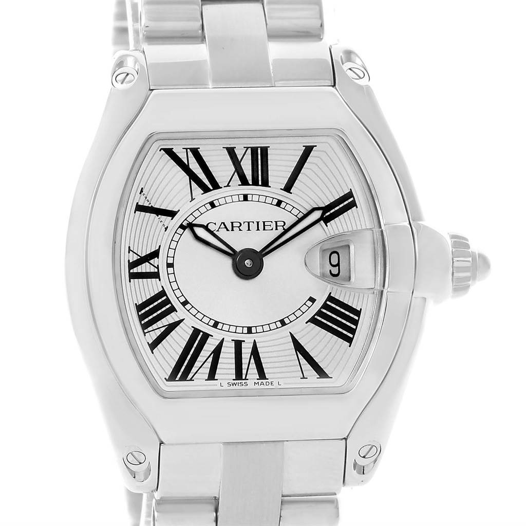The image shows a frontal view of the Cartier Roadster W62016V3 Women's Stainless Steel Silver Dial W62016V3 Women's Stainless Steel Silver Dial watch, highlighting the dial, date window, and bracelet.